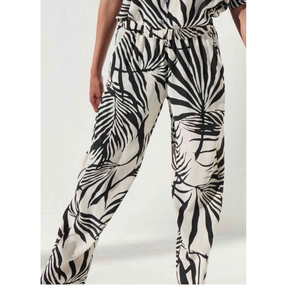 AYR Flow State Silk Blend Pants Black Cream Leaf Elastic Waist Relaxed Size S